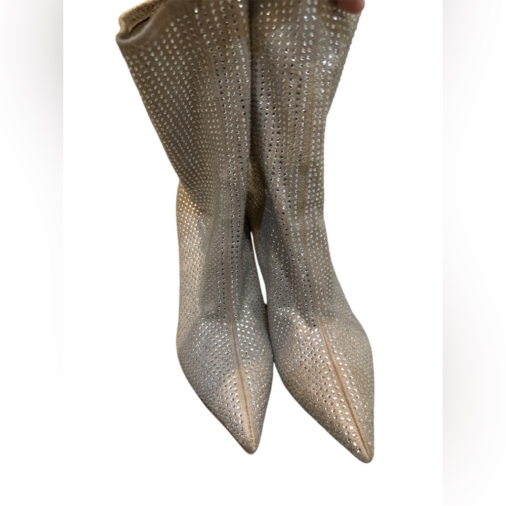 Schutz Women's Sybil Suede‎ & Rhinestone Stilleto Heel Mid-Calf Bootie Tan 7.5 B